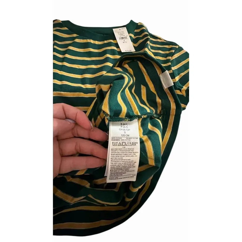 GAP Boys Striped Long Sleeve Pullover T-Shirt Green Yellow Cotton S (6-7) NWT